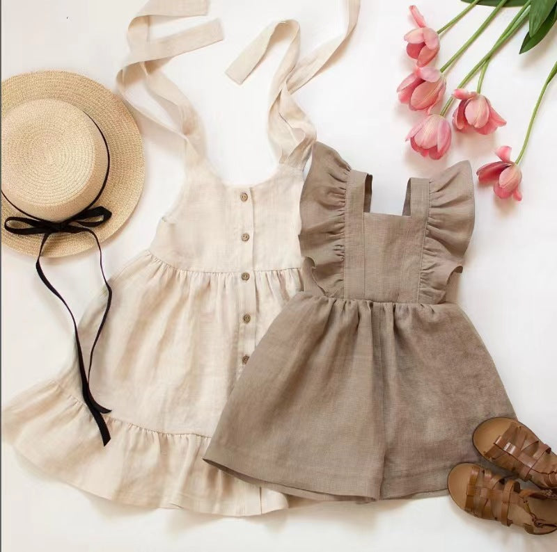 A 2024 summer girl baby baby cotton linen sleeveless vest dress dress tie open ruffle princess dress