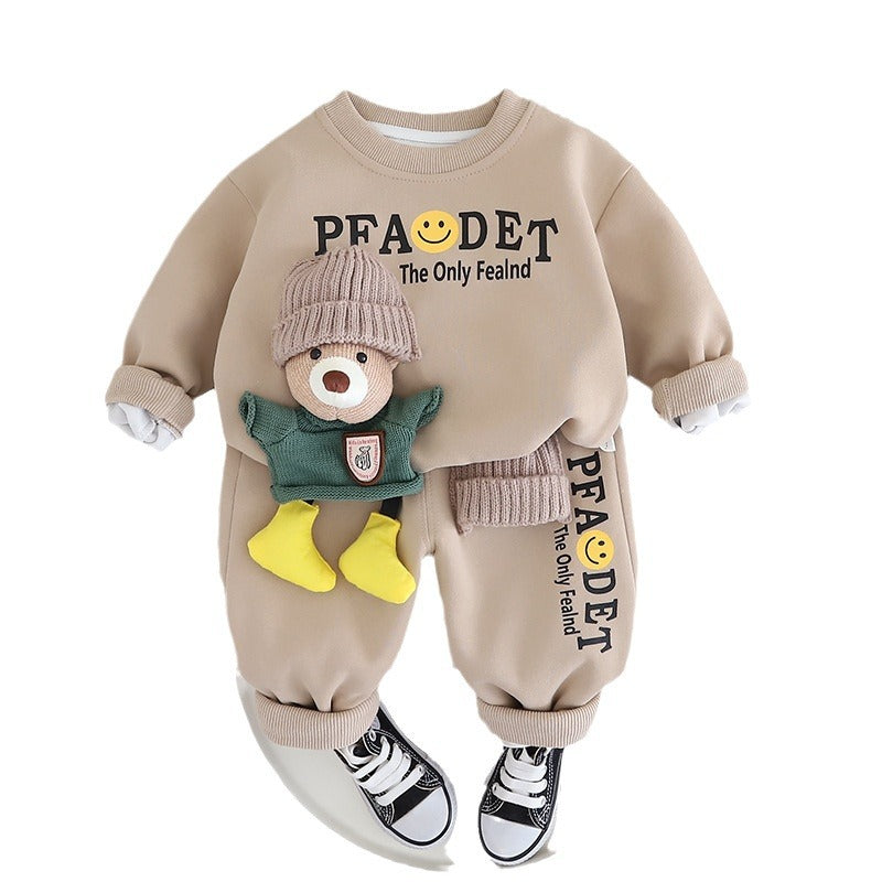 A boys' suit spring clothes new children's spring and autumn sweater cartoon three-dimensional bear boy foreign style two-piece set