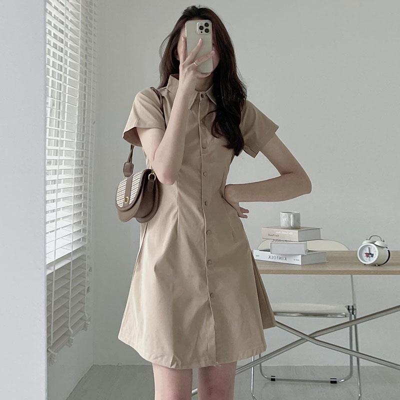 A Korean chic summer simple temperament lapel single-breasted waist thin short-sleeved shirt-style small dress