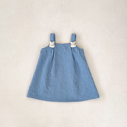 A ins2024 summer infant girl baby 0-3 years old rabbit cartoon suspender plaid A-line skirt dress