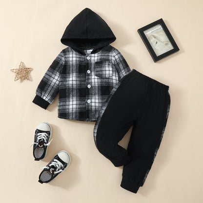 Toddler boy classic plaid hooded long-sleeved shirt color matching trousers suit European and American baby spring and autumn two-piece suit 0.2kg