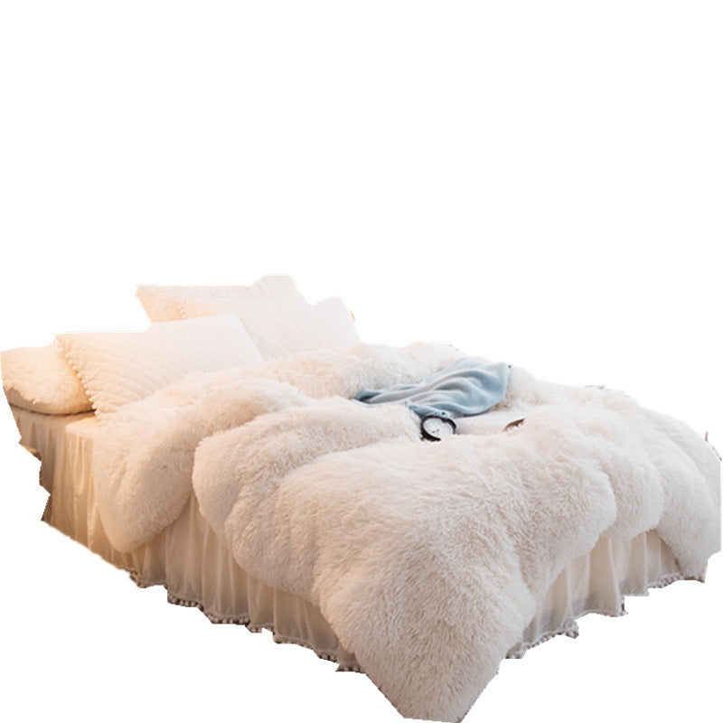 A Autumn and winter thickened warm mink velvet bed skirt four-piece crystal velvet princess wind long hair double-sided velvet bedding