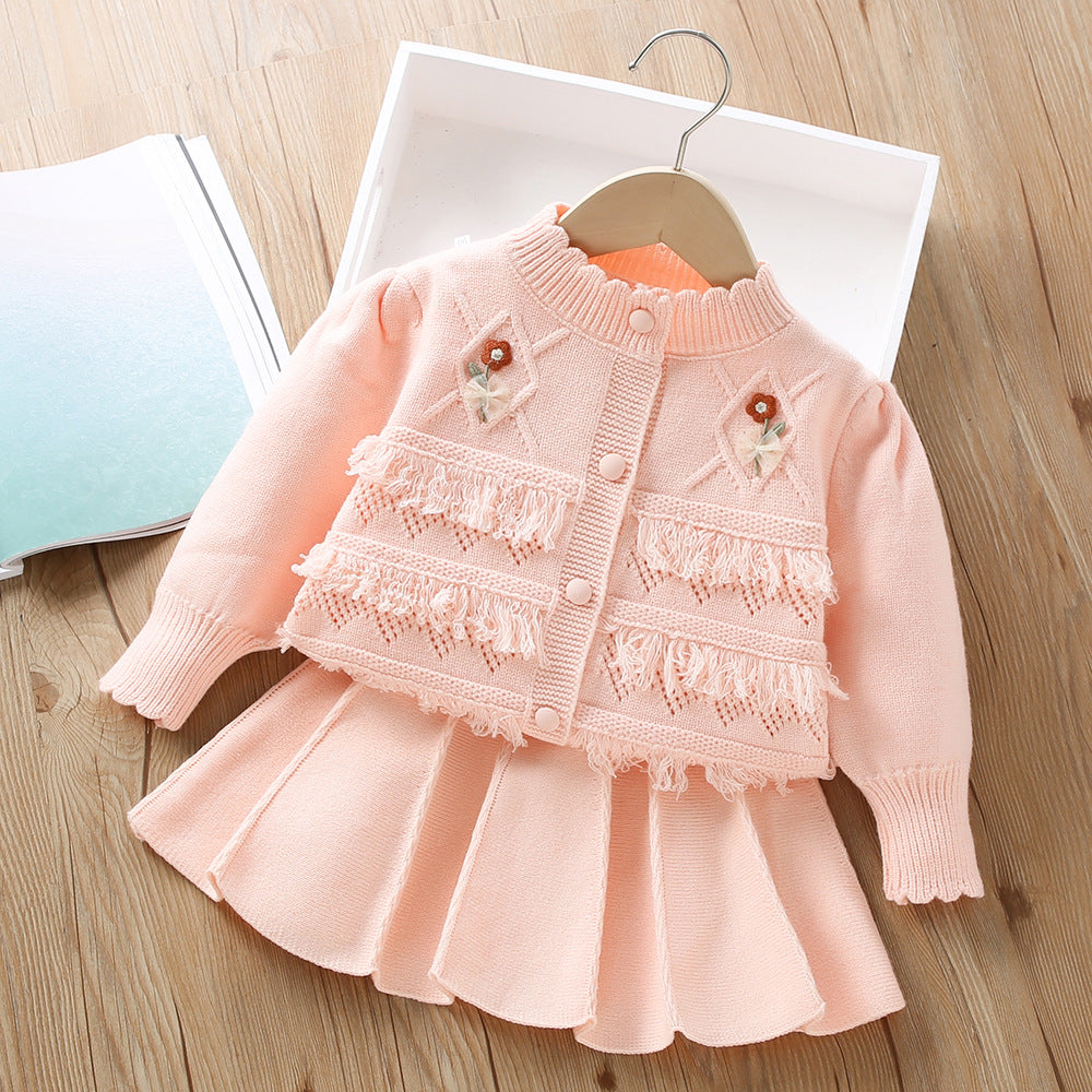 A girls sweater set autumn and winter new Korean version foreign style fringed flower little girl knitted cardigan two-piece set