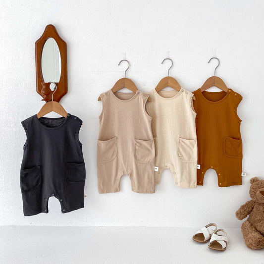 A Korean version of summer new baby jumpsuit ins Nordic style men's and women's baby solid color sleeveless vest jumpsuit