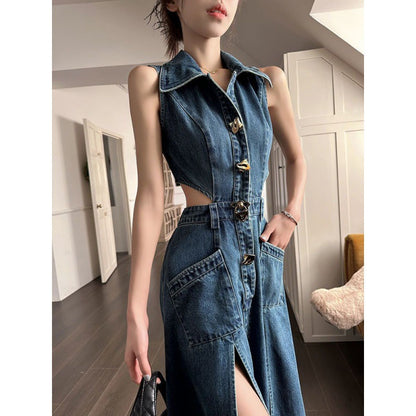 A denim blue hollow waist dress women's 2024 summer new slim side waist split temperament medium and long skirt