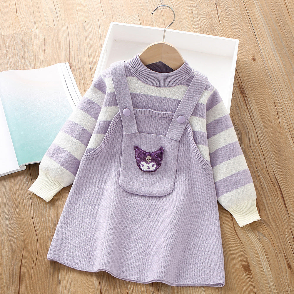 A girls sweater dress autumn and winter new Korean version fashionable cartoon cute striped fake two-piece wool skirt