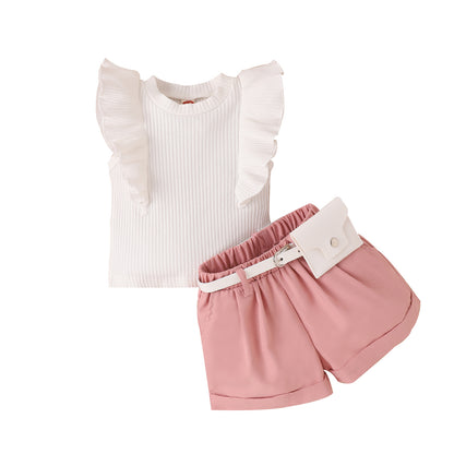 Conjunto de ropa para niños Tengxin Amazon Primavera/Verano para niñas de talla pequeña y mediana, de algodón, con rayas en los lados, mangas voladoras, pantalones cortos de color liso y riñonera