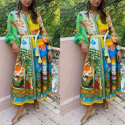 A Cross-border foreign trade independent station Amazon 2024 new printed cardigan lace-up graffiti pendulum long-sleeved dress women