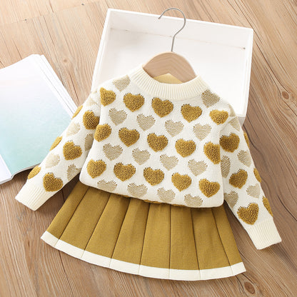 A girls sweater set autumn and winter new Korean version cute baby granular velvet love knitted pullover two-piece set