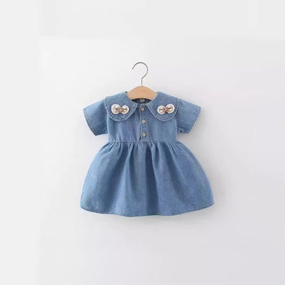 A summer new children&#039;s clothing wholesale doll collar bow short sleeve denim skirt 1 piece on behalf of.