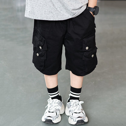 A Men's Children's Labor Pants Summer 2024 New Children's Pants Handsome Middle and Big Boys 3D Pocket Casual Shorts