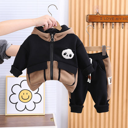 A Winter fleece thickened casual hooded cartoon sweater color matching trousers two-piece set one-year-old boy baby autumn and winter clothing