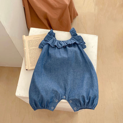 A baby pure cotton breathable denim short crawling suit, sweet and cute girl baby summer new jumpsuit, bag and buttocks