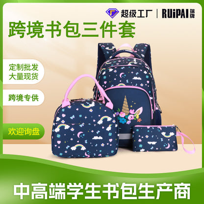 A amazon new style primary school student print kids backpack schoolbag load reduction three-piece school bag wholesale