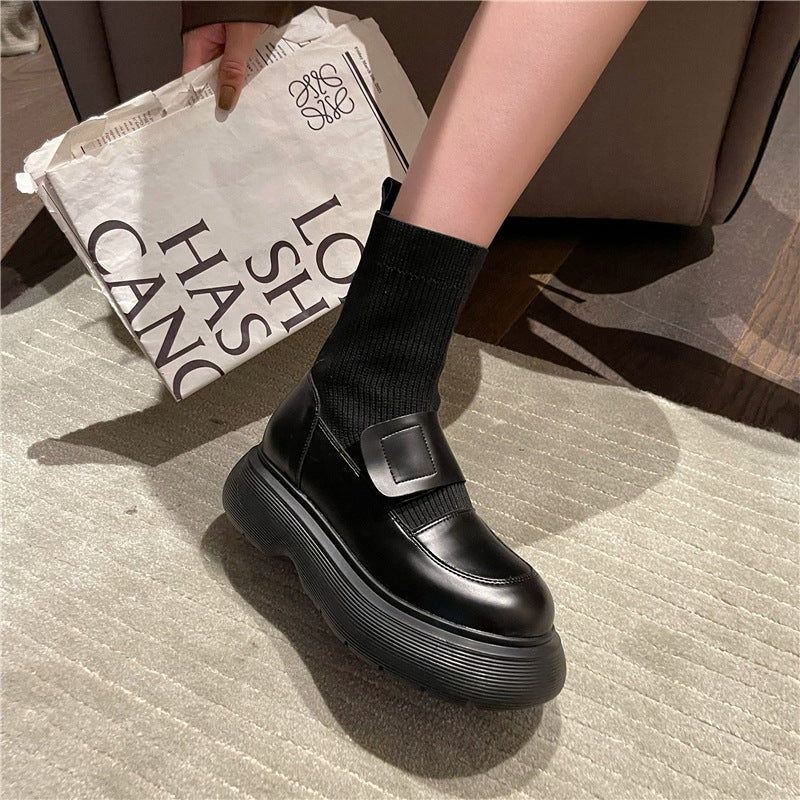 A Autumn and winter sleeve round head thick sole heightening short boots versatile fashion single boots trendy cool fashion personalized socks boots women