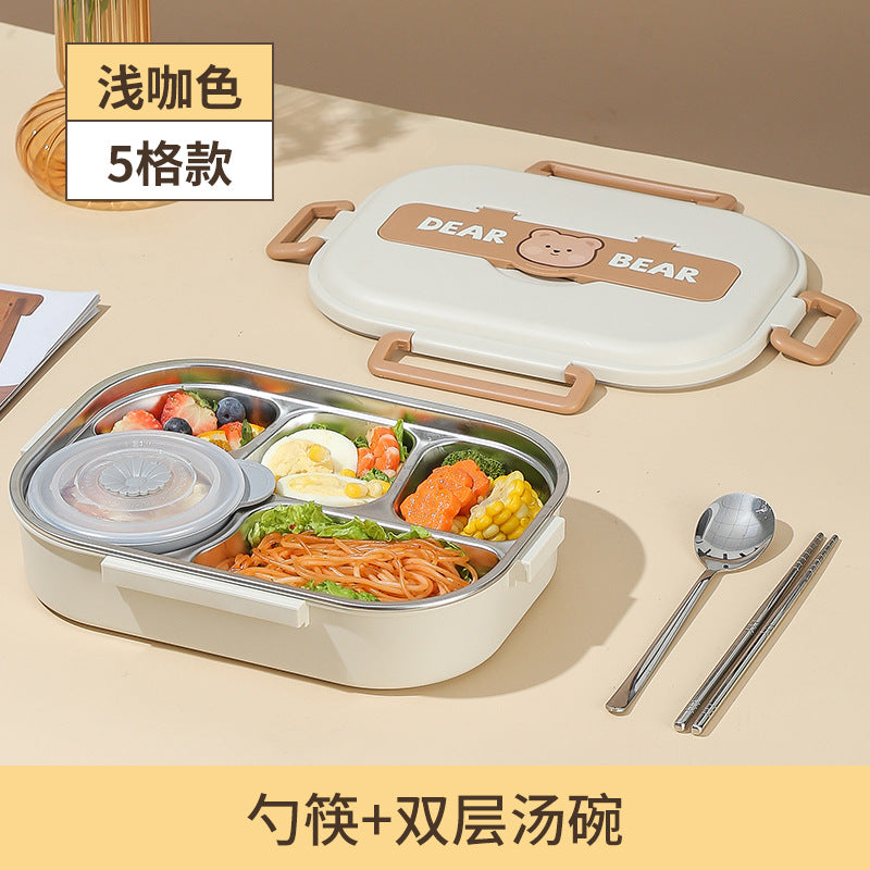 A 304 stainless steel insulated lunch box divided into two cute student compartments, sealed bento box with lid, lunch box