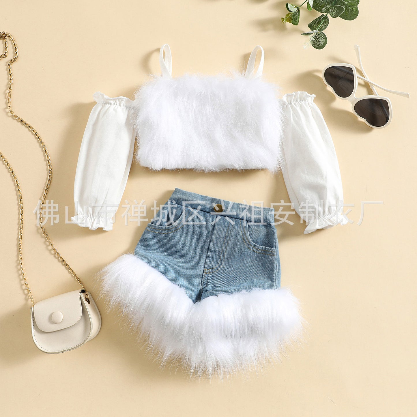 Autumn/Winter New Strap Off Shoulder Top Denim Set Winter Cross border Girls Fashion Fur Splicing Set