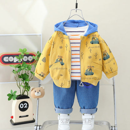 Small and medium-sized children's clothing forest car three piece set internet celebrity set baby hooded baby clothes moisture 0.5kg