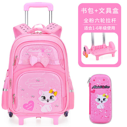 A elementary school student's school bag, girl's six wheeled climbing ability, children 2nd to 6th grade, 5 large capacity waterproof, reducing weight for 7-12 years old