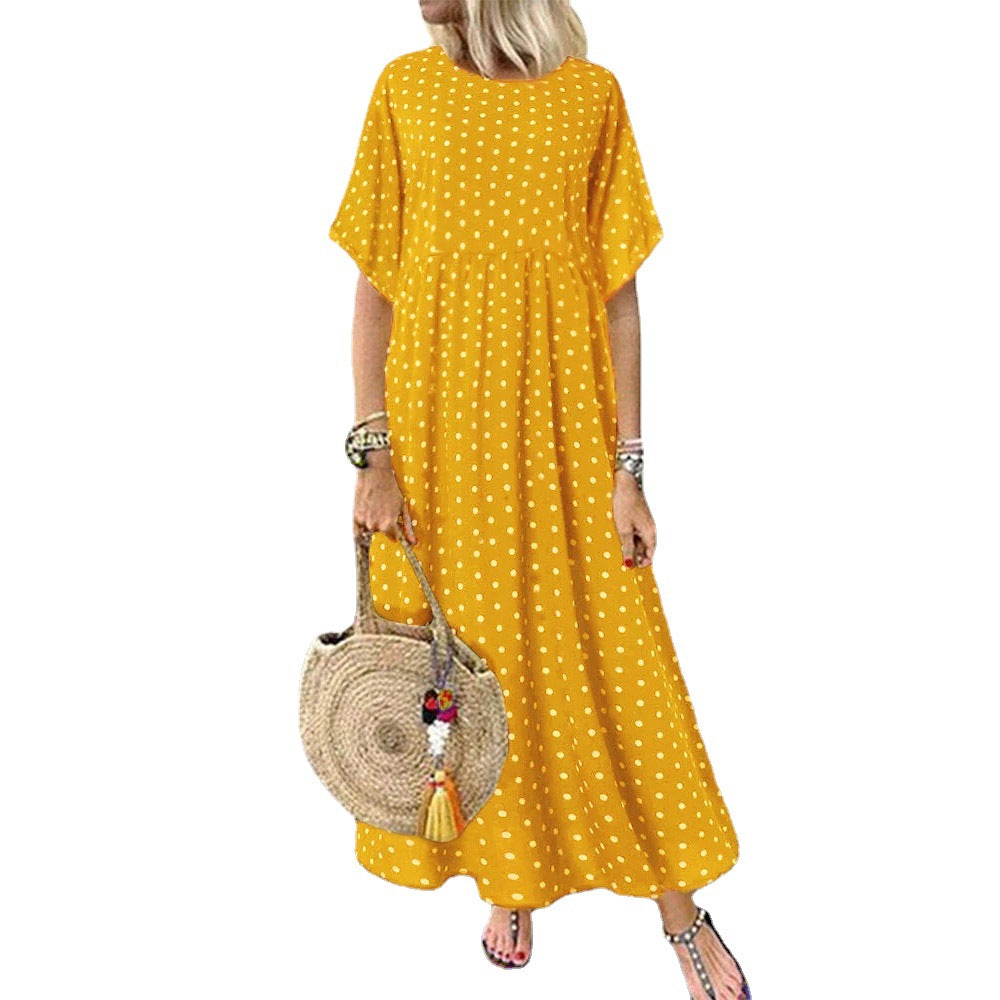 Polka dot loose plus size women's skirt with full hem, round neck pullover half-sleeved dress, temperament commuting long skirt