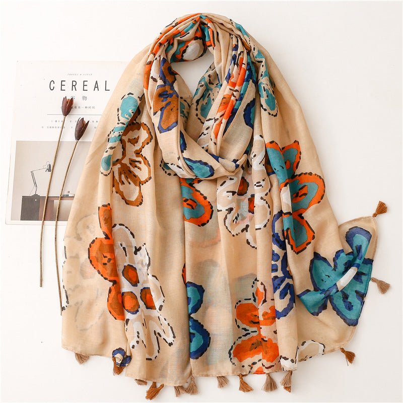 A Yitao Scarf Creative Ethnic Style Cotton and Hemp Hand Feel Scarf Women's Orange Wheat tassel Tourist Beach Scarf Shawl