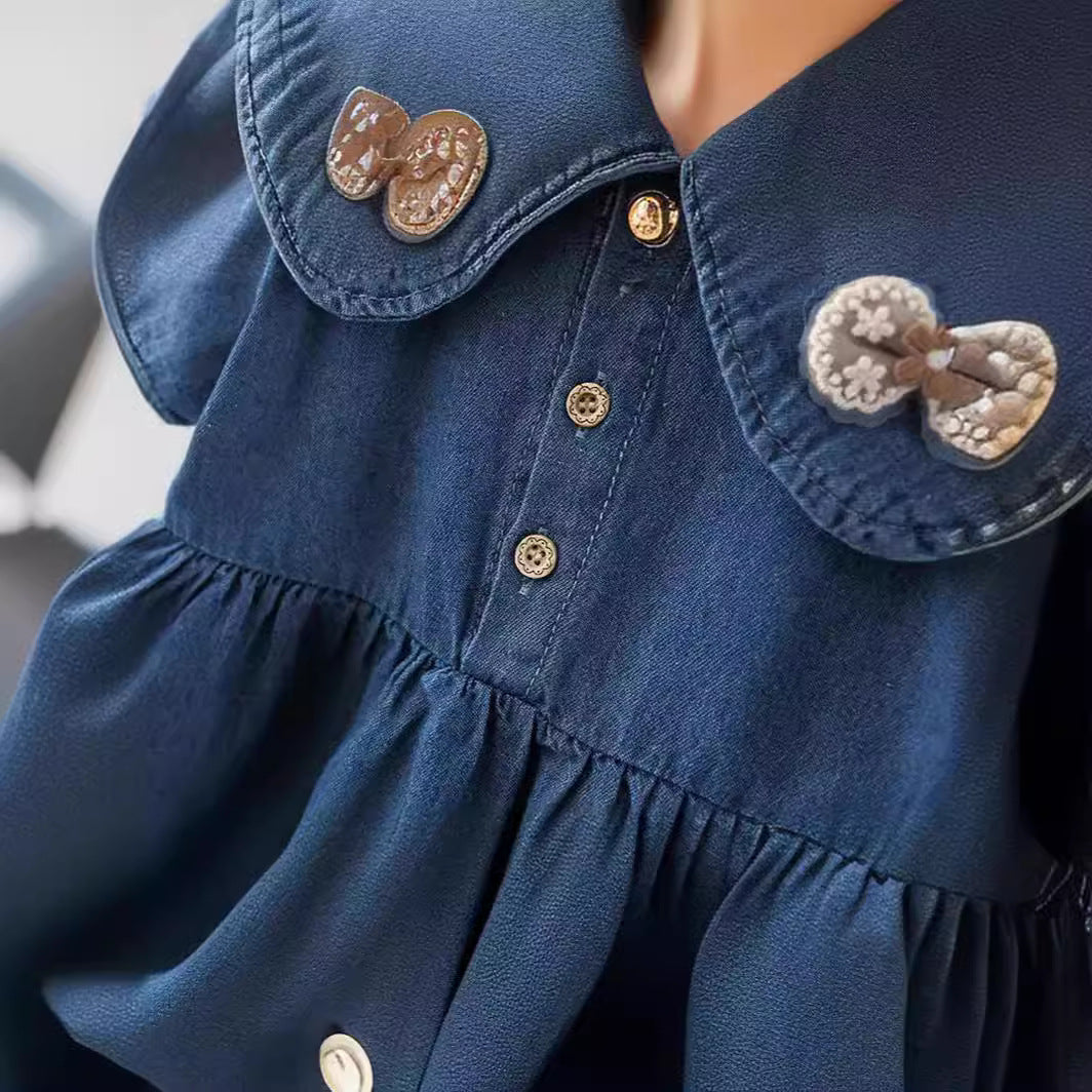 A summer new children&#039;s clothing wholesale doll collar bow short sleeve denim skirt 1 piece on behalf of.