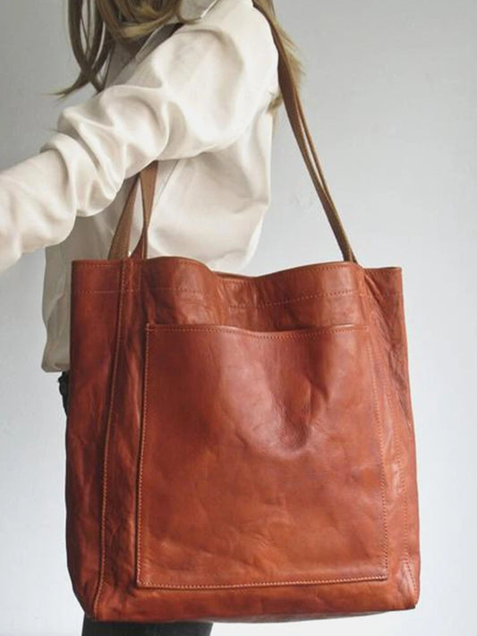 Women's soft leather handbag with pocket, one-shoulder vintage waxed leather, large capac 0.56KG