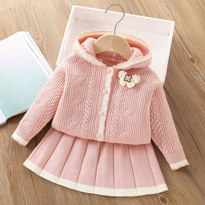 A girls sweater set autumn and winter new Korean version of foreign style baby girl fashionable knitted hooded cardigan two-piece set