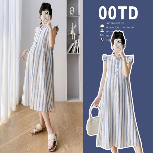 A cotton and linen maternity summer dress 2023 new Japanese striped small flying sleeves pregnant mother skirt A word medium and long