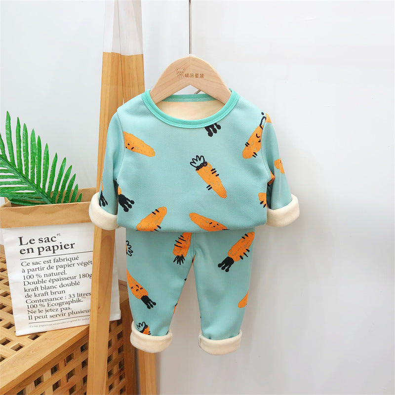 A handsome baby autumn clothes new velvet cartoon warm clothes two-piece set autumn and winter boys and girls suits wholesale