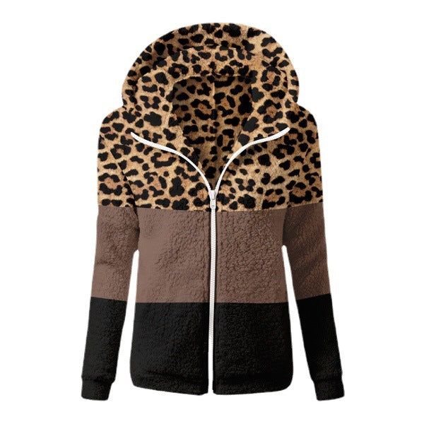 Chaqueta con capucha gruesa de invierno para mujer, de felpa, de manga larga y bloques de colores con estampado de leopardo 