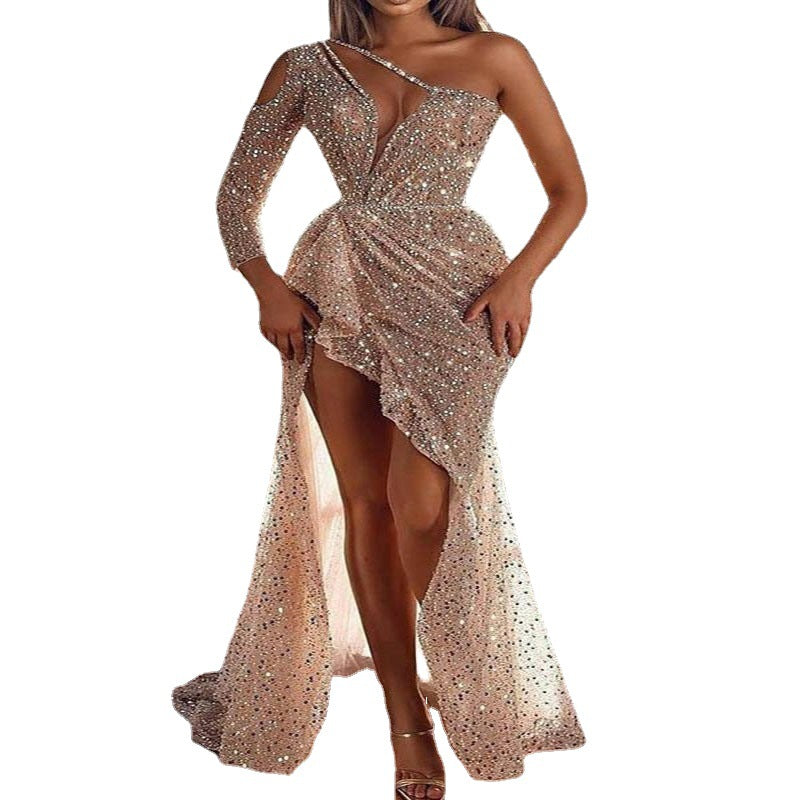 A Cross-border Women's Dream Celebrity Party Quality Long Sexy High Slit Long Sleeve Sequin Banquet Evening Dress 0.6kg