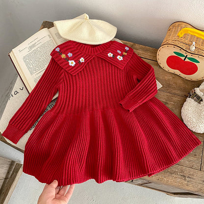 A baby girl spring and autumn knitted skirt, baby warm dress knitted embroidered princess sweater skirt