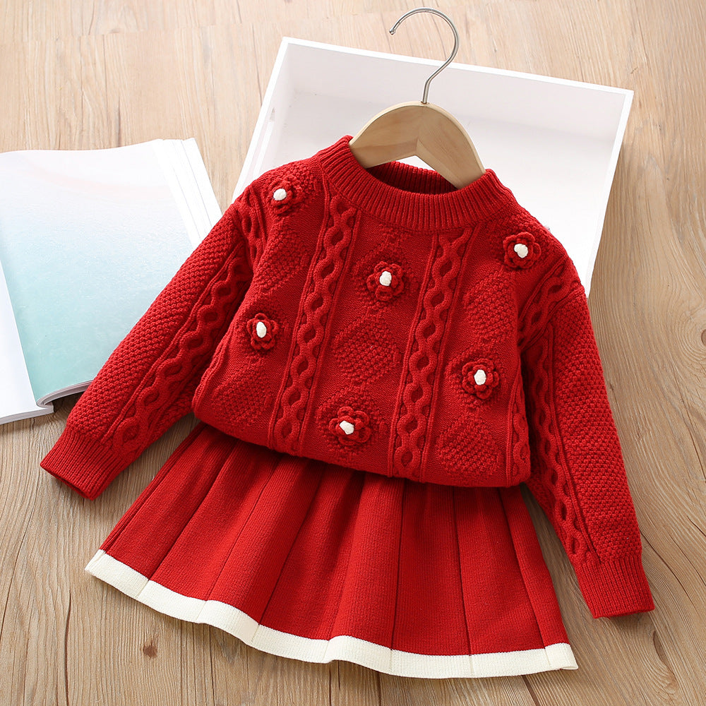 A girls sweater set autumn and winter new sweet foreign solid color three-dimensional flower knitted pullover two-piece set trendy