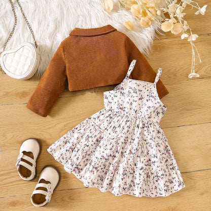 Vestido plisado con tirantes florales para niña, primavera y otoño, solapa, manga larga, chaqueta pequeña, 0,25 kg 