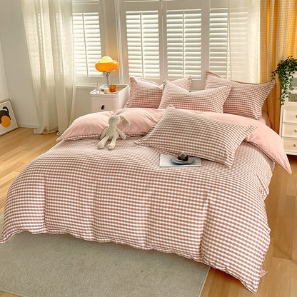 A Thickened pure cotton abraded four-piece set, unprinted wind-washed cotton bed sheet quilt cover three-piece set, student dormitory bedding