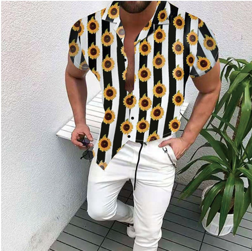 A 2023 Cross border Factory Direct Sales Summer New Ethnic Style Men's Short sleeved Shirts Ethnic Printed Cardigan Top