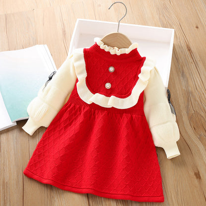 A girls sweater dress 2024 autumn and winter new Korean version of foreign gas bubble sleeve bow knitted pullover princess dress