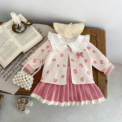 A Autumn baby girl pink leopard print knitted jacket + pink knitted suspender skirt two-piece set