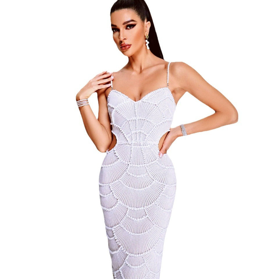 Un exquisito vestido de tirantes calados sexy con cuentas de lentejuelas transfronterizas de comercio exterior Vestido de cena para fiesta de cumpleaños de celebridades 