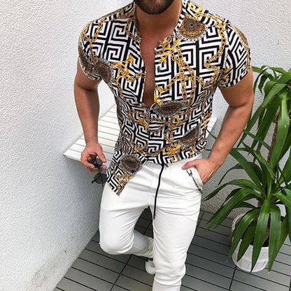 A 2023 Cross border Factory Direct Sales Summer New Ethnic Style Men's Short sleeved Shirts Ethnic Printed Cardigan Top