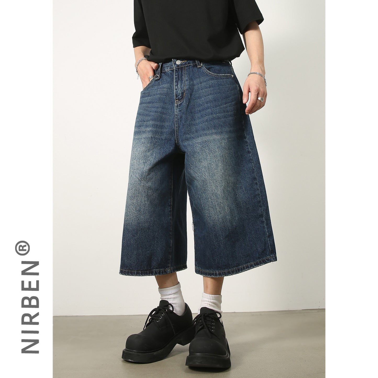 A nirben denim | Summer loose silhouette washed retro old seven-point straight denim shorts male tide