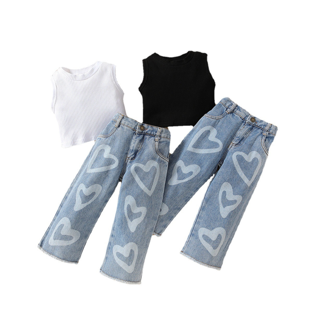 Ropa para niños INS Primavera/Verano Nuevo conjunto para niñas Tallas pequeñas y medianas Conjunto de dos piezas sin mangas con camiseta corta y jeans perforados 0,3 kg 