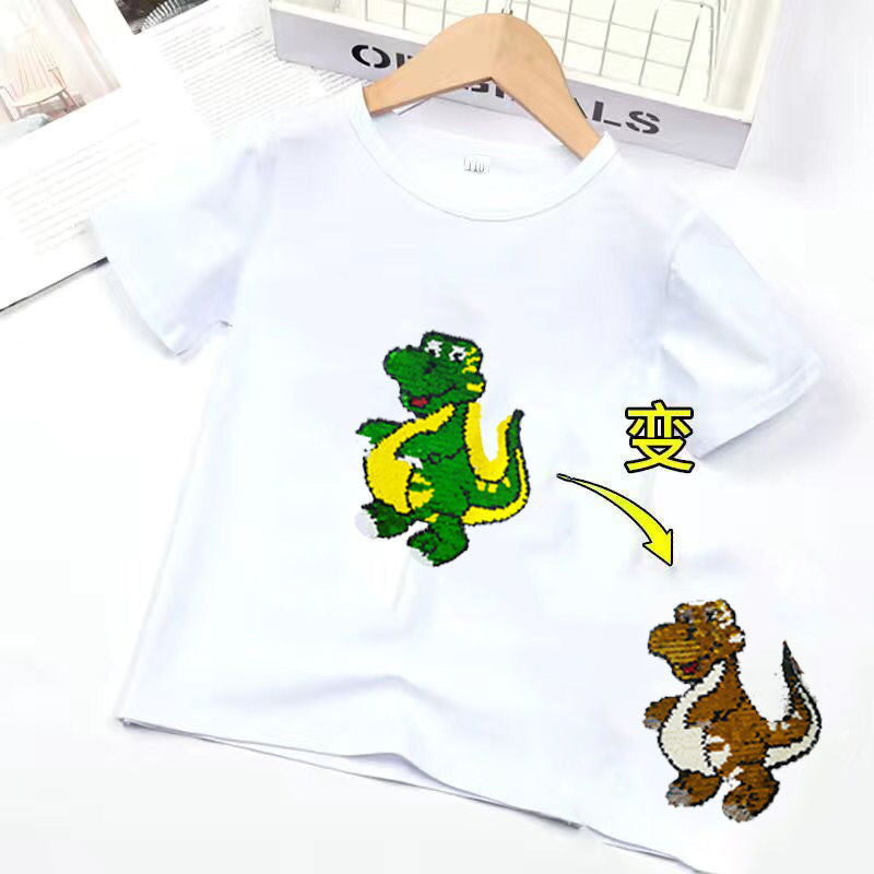 Camiseta de manga corta para niños, ropa para niñas pequeñas, camiseta de verano con lentejuelas que cambian de color, camiseta de media manga suelta extranjera, envío directo de una pieza 