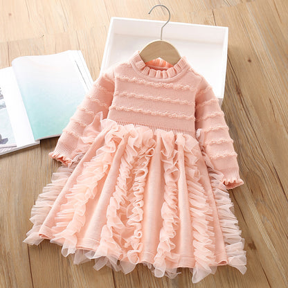 A girls sweater dress autumn and winter new Korean version of foreign style solid color little girl knitted long-sleeved princess dress tide