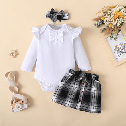 A Baby Set Autumn Long Sleeve Triangle Romper Cross-border Plaid Skirt Baby Girl Two-piece Set Foshan Children's Clothing