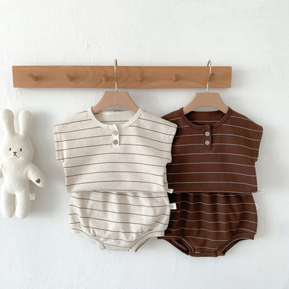 Un conjunto de ropa para niños INS Baby Stripe Waffle Set de pantalones cortos de manga corta de verano para hombres y mujeres 