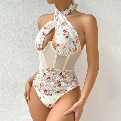 Amazon cross-border selling sexy spice girl mesh stitching steel ring fishbone corset printed jumpsuit female 10587 0.1kg