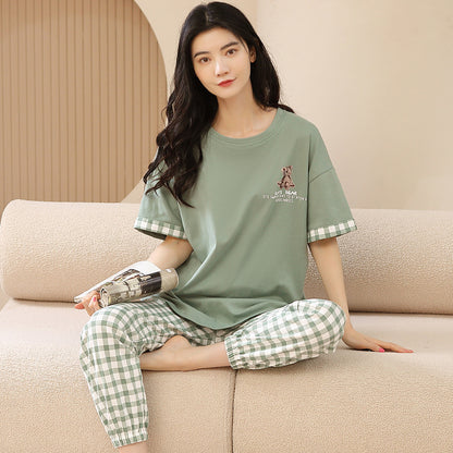 A pajamas women's summer women's pure cotton thin cool short-sleeved trousers round neck summer large-size women's loungewear suit