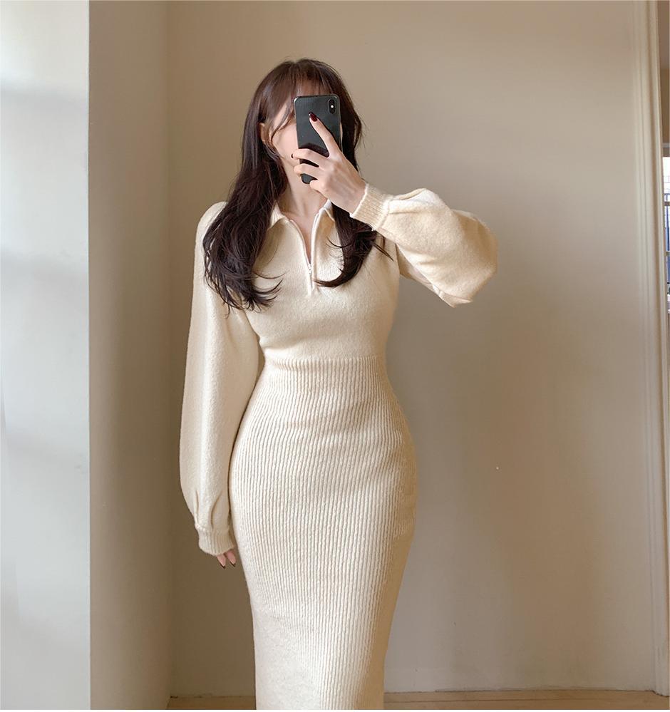 A Korean ins heavy sexy sweater autumn and winter new elegant dress medium and long knitted hip-wrapped dress